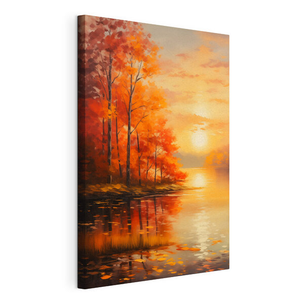 Canvas Schilderijen Schilderij van een meer met bomen en oranje bladeren