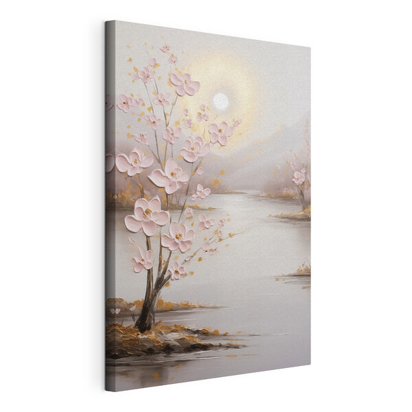Canvas Schilderijen Schilderij van een boom met roze bloemen