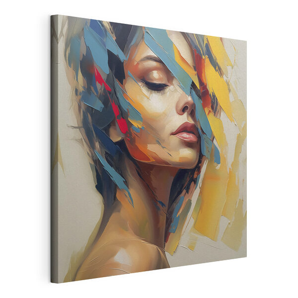 Canvas Schilderijen Schilderij van een vrouw met kleurrijke verf op haar gezicht