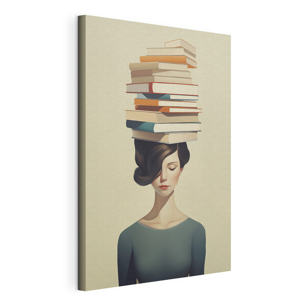 Canvas Schilderijen Vrouw met een stapel boeken op haar hoofd
