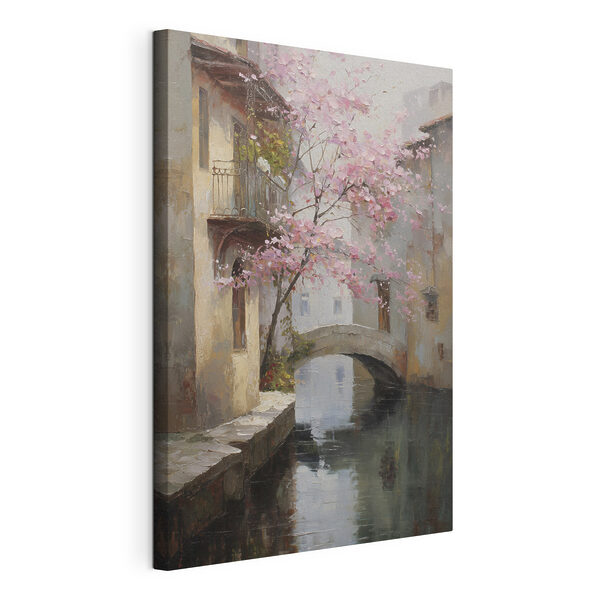 Schilderij van een rivier met een roze boom en een brug Canvas Schilderijen Schilderij van een rivier met een roze boom en een brug