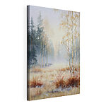 Canvas Schilderijen Schilderij van een bos met bomen en mist