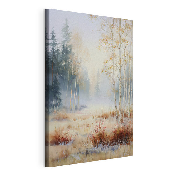 Canvas Schilderijen Schilderij van een bos met bomen en mist