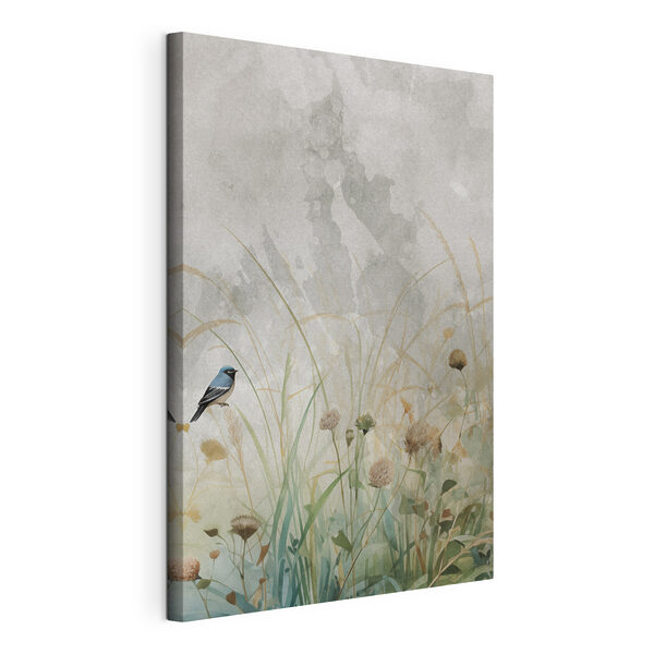 Canvas Schilderijen Vogel op een tak in een grasveld