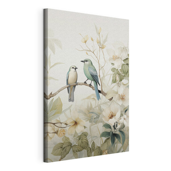 Canvas Schilderijen Twee vogels op een tak met bloemen