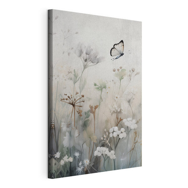 Canvas Schilderijen Een vlinder die boven bloemen vliegt