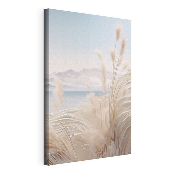 Canvas Schilderijen Wit gras met een berg op de achtergrond