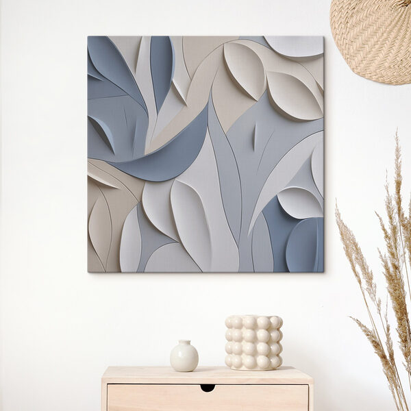 Canvas Schilderijen Muur met witte en blauwe bladeren