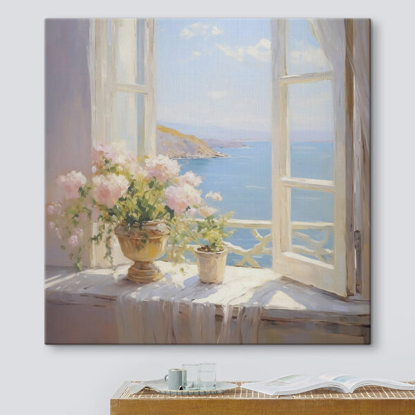 Schilderij van bloemen op een vensterbank Canvas Schilderijen Schilderij van bloemen op een vensterbank