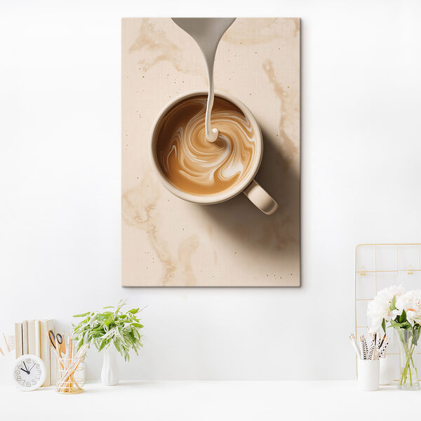 Canvas Schilderijen Een kopje koffie waarin melk wordt ingeschonken