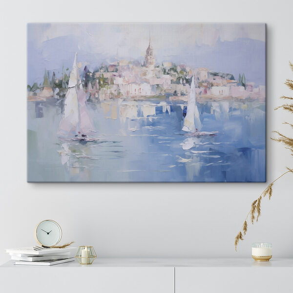 Canvas Schilderijen Schilderij van zeilboten op het water met een stad op de achtergrond