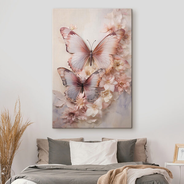 Canvas Schilderijen Vlinders op een muur met bloemen