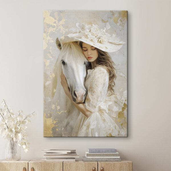 Canvas Schilderijen Vrouw in een witte jurk en hoed die een paard omhelst