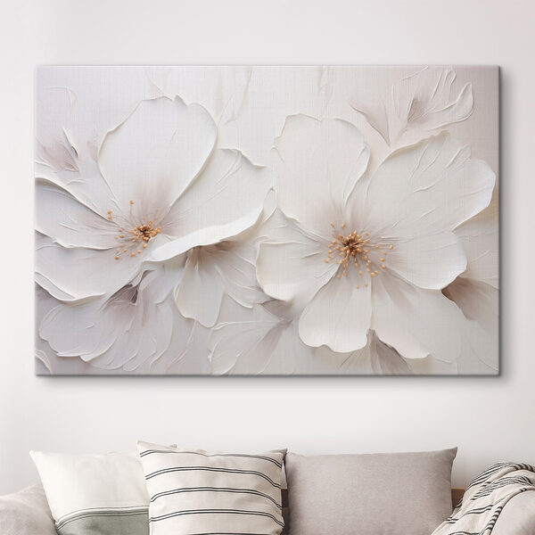 Canvas Schilderijen Kunstwerk met witte bloemen aan de muur