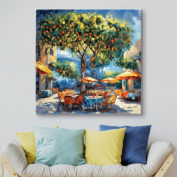 Canvas Schilderijen Schilderij van een sinaasappelboom met tafels en stoelen onder een sinaasappelboom