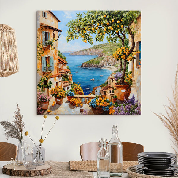 Canvas Schilderijen Schilderij van een stad met een waterpartij en een baai