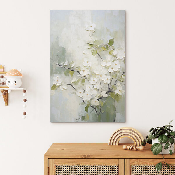 Canvas Schilderijen Schilderij van witte bloemen op een tak