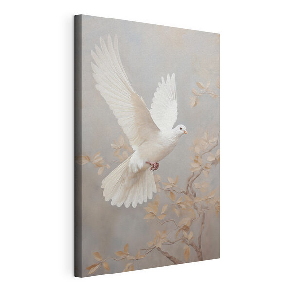 Een witte duif die door de lucht vliegt Canvas Schilderijen Een witte duif die door de lucht vliegt