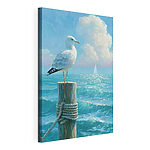 Canvas Schilderijen Vogel die op een paal voor een zeilboot staat