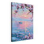 Canvas Schilderijen Schilderij van een zeilboot op een rustig wateroppervlak met roze bloemen