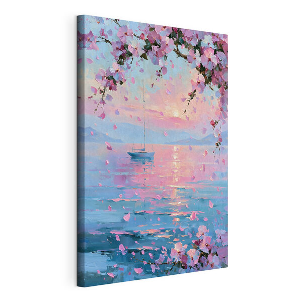 Canvas Schilderijen Schilderij van een zeilboot op een rustig wateroppervlak met roze bloemen
