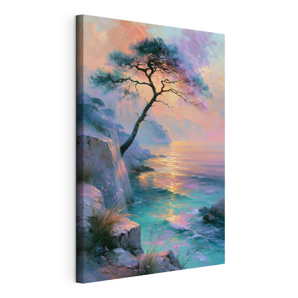 Canvas Schilderijen Boom op een klif aan het water