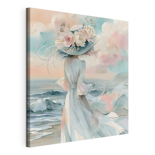 Canvas Schilderijen Vrouw in een jurk met bloemen op haar hoed