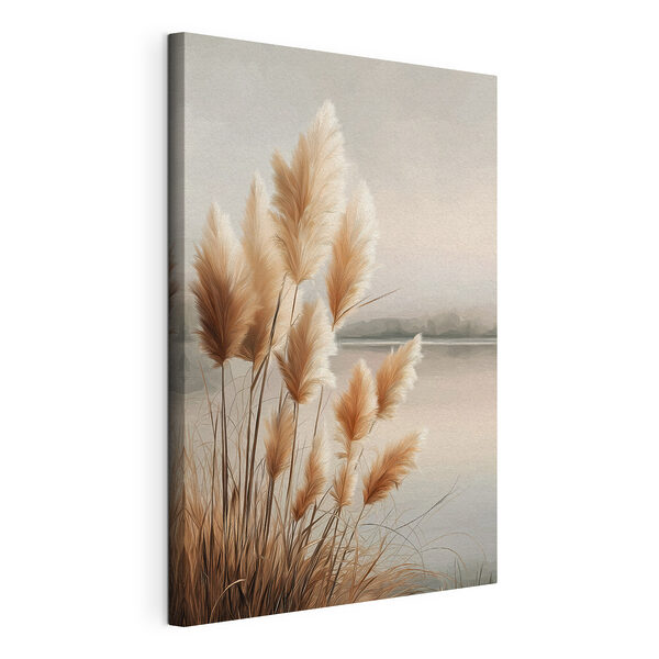 Canvas Schilderijen Zachte grassen aan het rustige meer