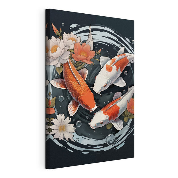 Een groep vissen die in het water zwemt, met bloemen erbij Canvas Schilderijen Een groep vissen die in het water zwemt, met bloemen erbij