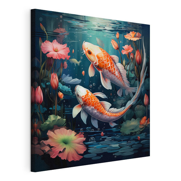 Een paar vissen die in het water zwemmen, met bloemen erbij Canvas Schilderijen Een paar vissen die in het water zwemmen, met bloemen erbij