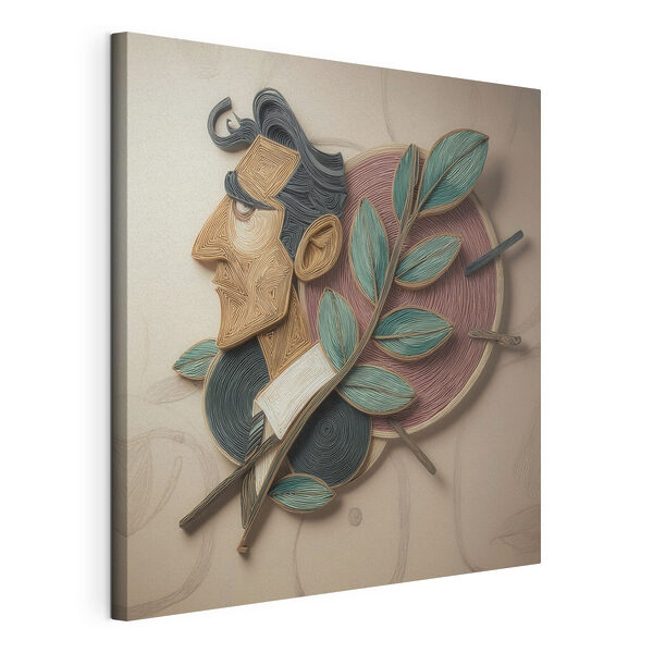 Kunstwerk van een man met bladeren op een muur Canvas Schilderijen Kunstwerk van een man met bladeren op een muur