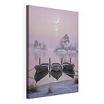 Canvas Schilderijen Boten op een meer met bomen en de maan op de achtergrond