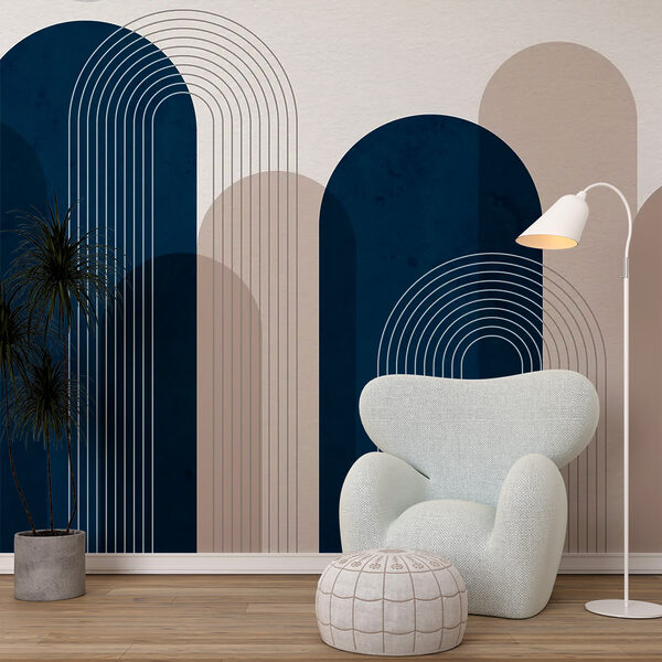 Blauw potje met witte lijnen Fotobehang Blauw potje met witte lijnen