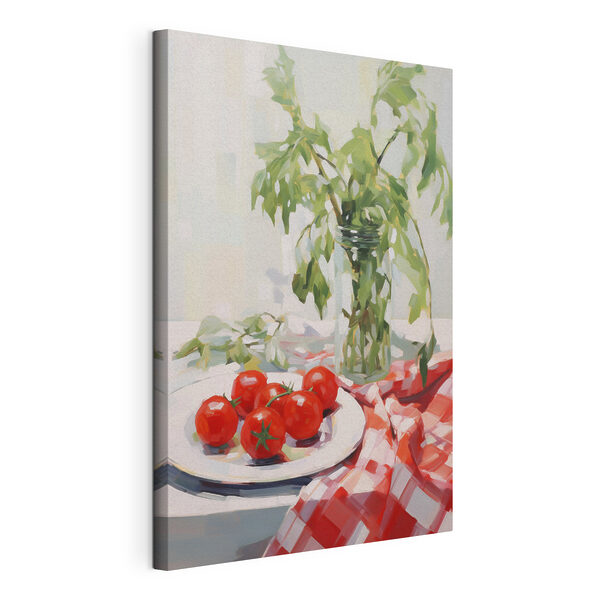 Canvas Schilderijen Schilderij van tomaten op een bord naast een vaas met groene bladeren