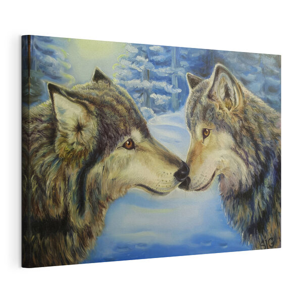 Canvas Schilderijen Wolven knuffelen in besneeuwd bos