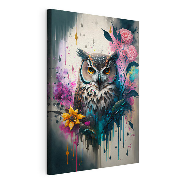 Levendige uil omringd door levendige bloemen Canvas Schilderijen Levendige uil omringd door levendige bloemen