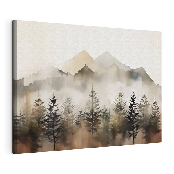 Canvas Schilderijen Nevelige bergen met torenhoge bomen