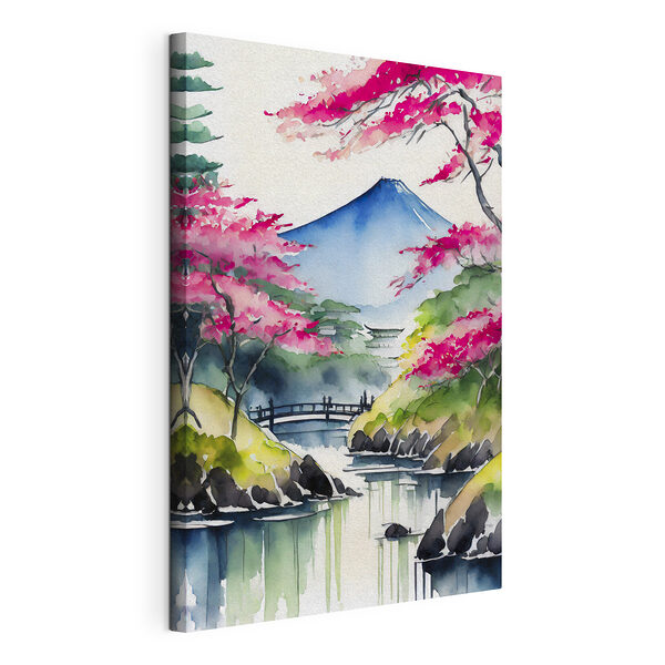 Aquarel van een berg en bomen met roze bloemen Canvas Schilderijen Aquarel van een berg en bomen met roze bloemen