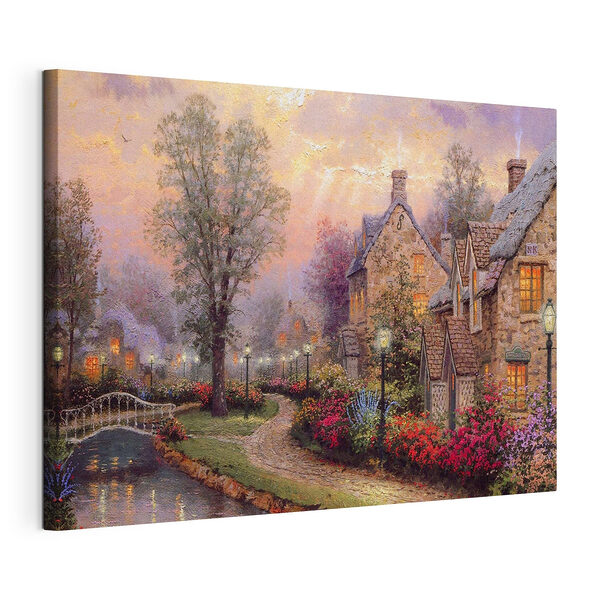 Canvas Schilderijen Schilderij van een huis met bloemen en een pad
