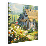 Canvas Schilderijen Charmant huisje omringd door levendige bloemen