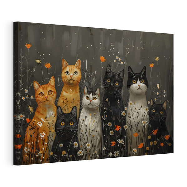 Groep katten in een bloemenveld Canvas Schilderijen Groep katten in een bloemenveld