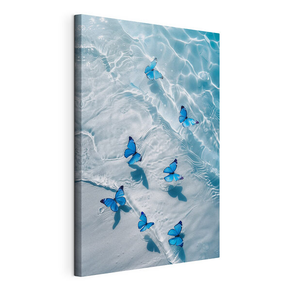 Canvas Schilderijen Groep blauwe vlinders drijvend op water