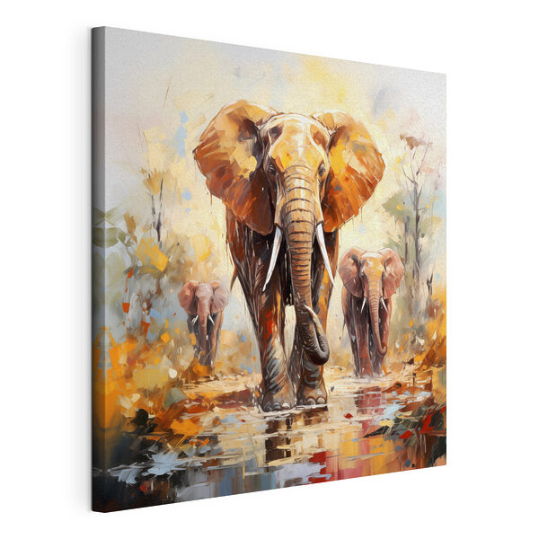 Canvas Schilderijen Groep olifanten loopt door water