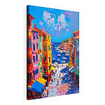 Canvas Schilderijen Schilderij van een stad met boten en mensen