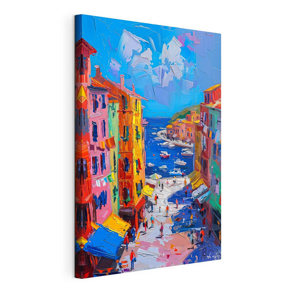 Canvas Schilderijen Schilderij van een stad met boten en mensen
