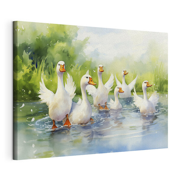 Canvas Schilderijen Groep witte eenden zwemmend in water