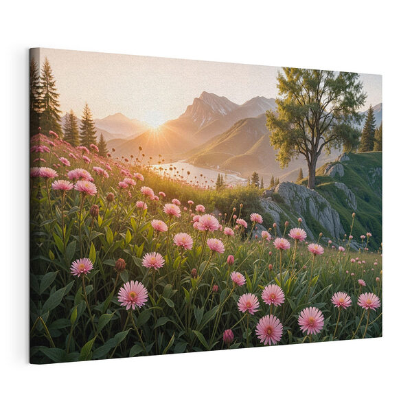 Canvas Schilderijen Veld met roze bloemen met een boom en bergen op de achtergrond