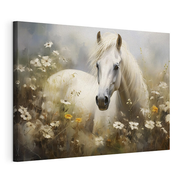 Wit paard in een bloemenveld Canvas Schilderijen Wit paard in een bloemenveld