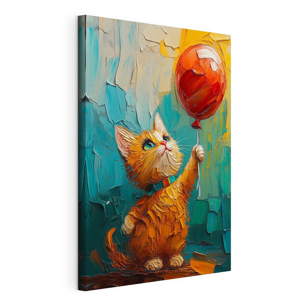 Schilderij van een kat met een ballon Canvas Schilderijen Schilderij van een kat met een ballon