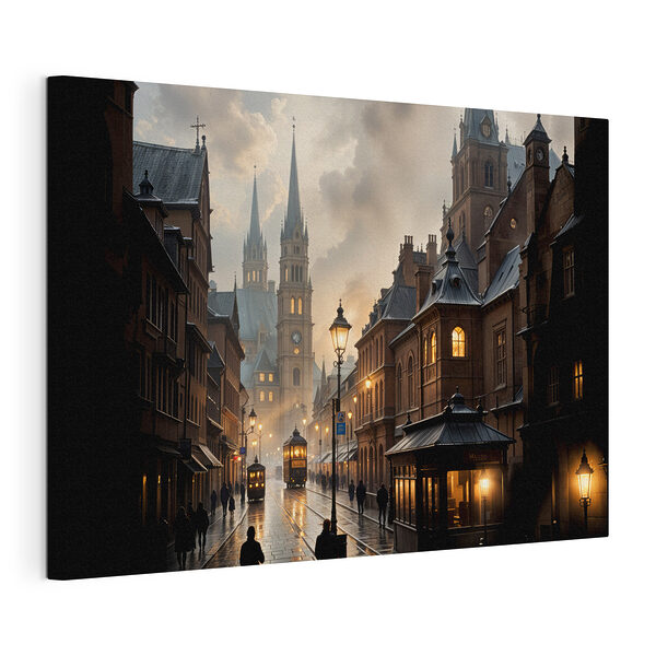 Canvas Schilderijen Straat met gebouwen en een trein